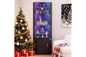 Lvifur 69" Corner Glass Display Cabinet with RGB Lights,3-Tier Movable Glass Shelves,Curio Display with Human Body Sensor,Bookcase with Storage Cabinet for Toys,Books,Collectibles,Liquor,Black