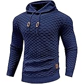 KAVIANA Men's Waffle-Knit Hooded Pullover Sweater Solid Color Hoodie with Adjustable Drawstrings & Leather Tag