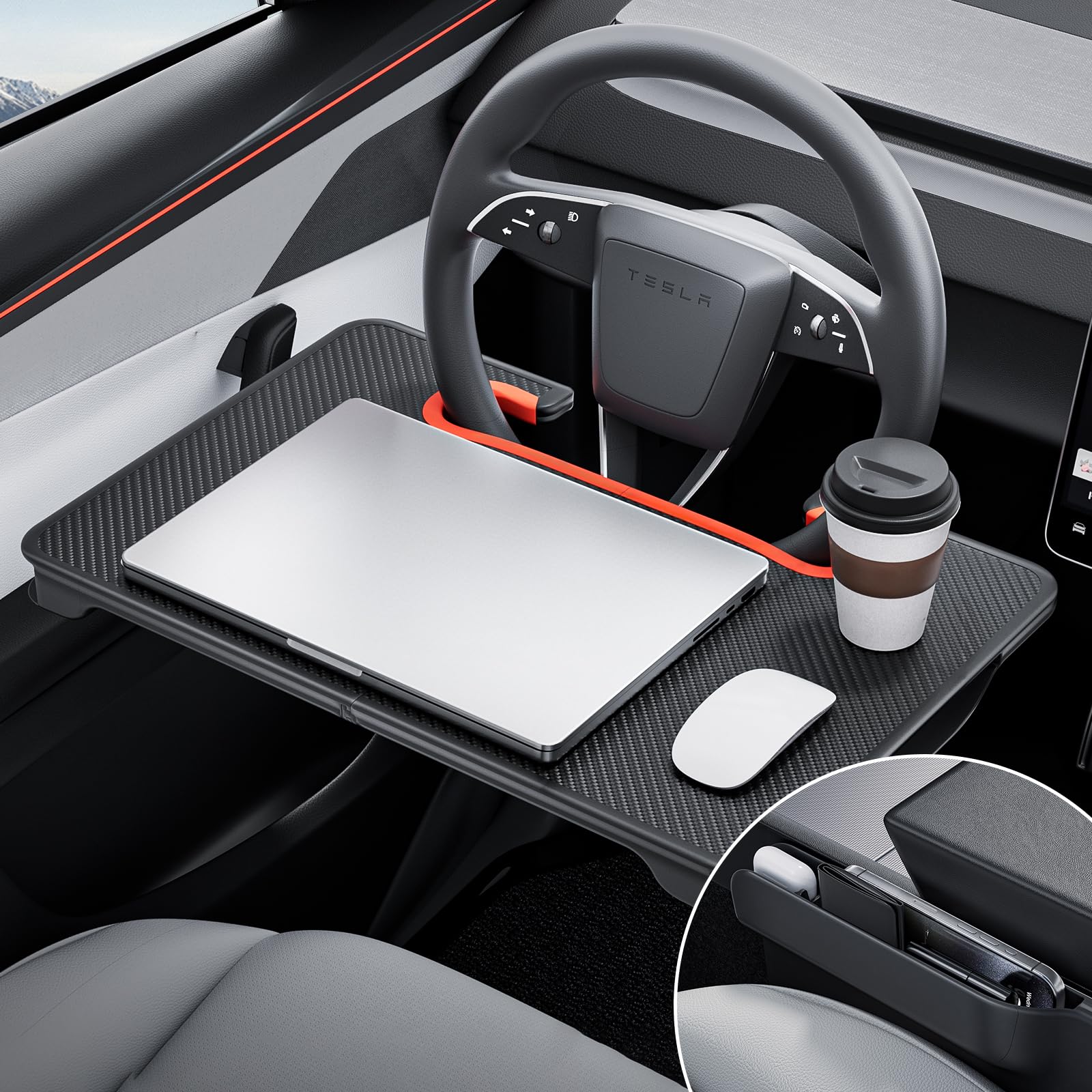 Photo 1 of YONZEE 2-in-1 Car Steering Wheel Desk Tray & Car Seat Gap Filler Organizer – Foldable Carbon Fiber Look Table for Laptop, Eating, Writing – Universal Fit for Most Vehicles Orange