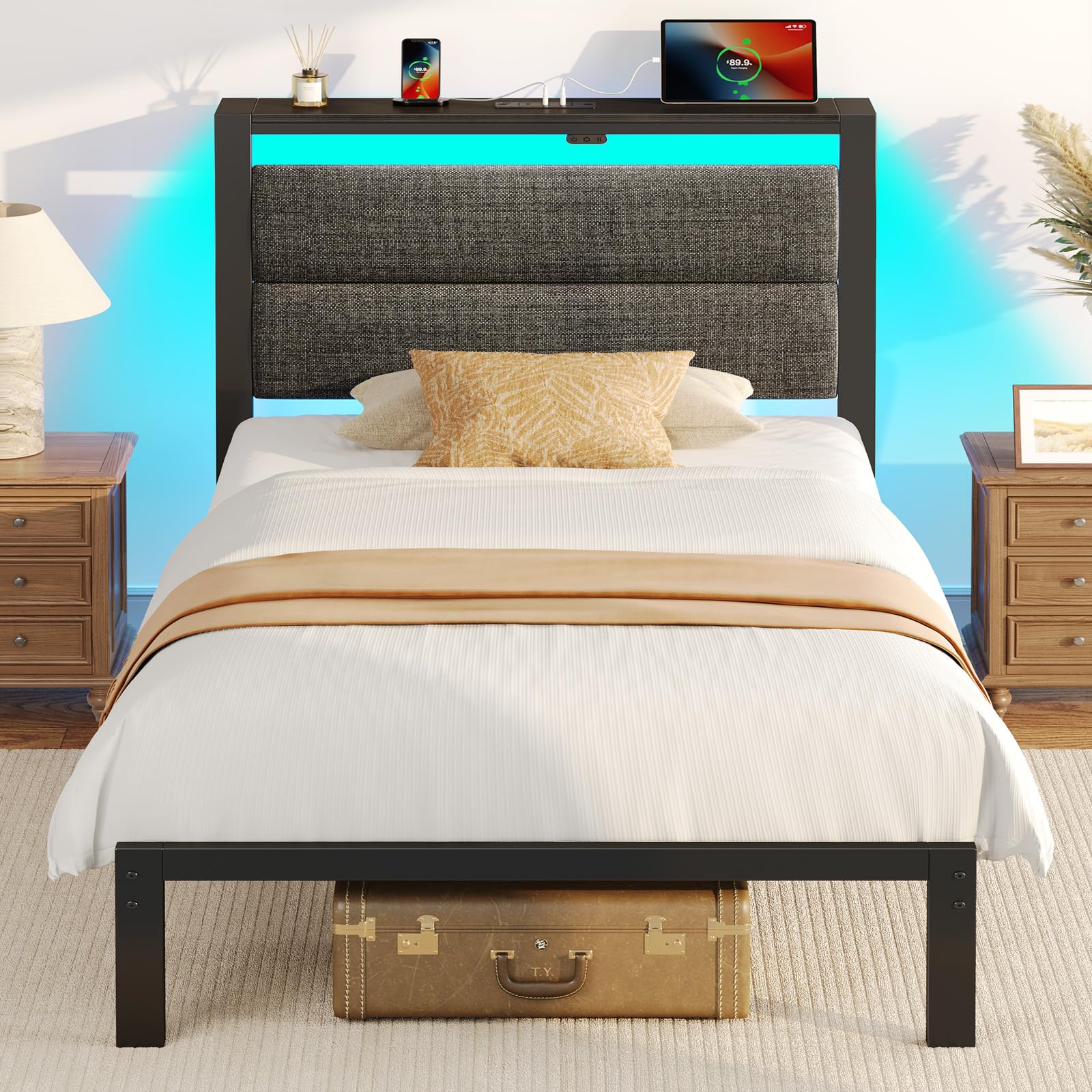 Rolanstar Bed Frame Twin Size with Charging Station, LED Twin Bed Frame with Upholstered Storage Headboard, Platform Bed with Metal Slats & Under Bed Storage, No Box Spring Needed, Noise Free, Grey