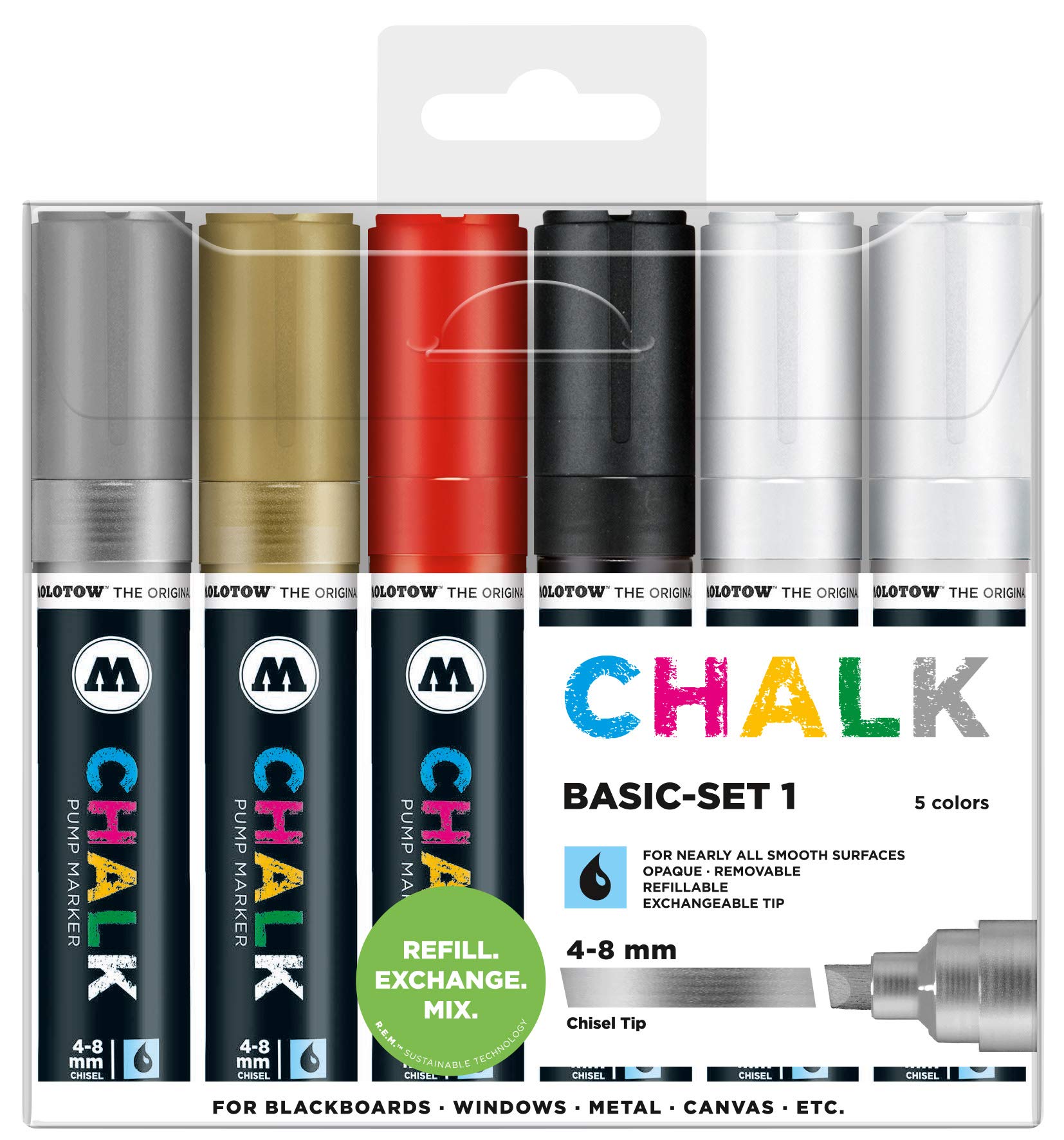 Molotow Chalk Marker Chalk Basic Set 1-4 - 8 mm, Pack of 6 Assorted Colours