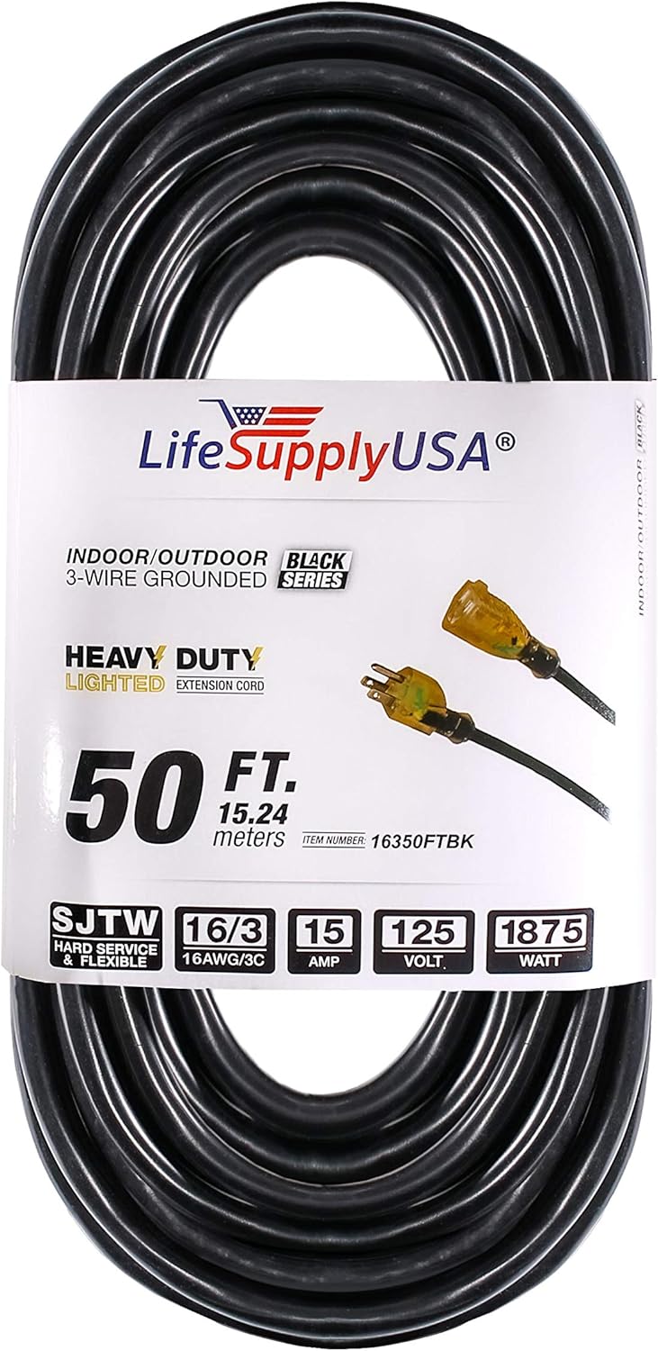 LifeSupplyUSA 16/3 50ft SJTW 13 Amp 125 Volt 1625 Watt 3 Prong Lighted End Indoor/Outdoor Black Heavy Duty Extension Cord (50 Feet)