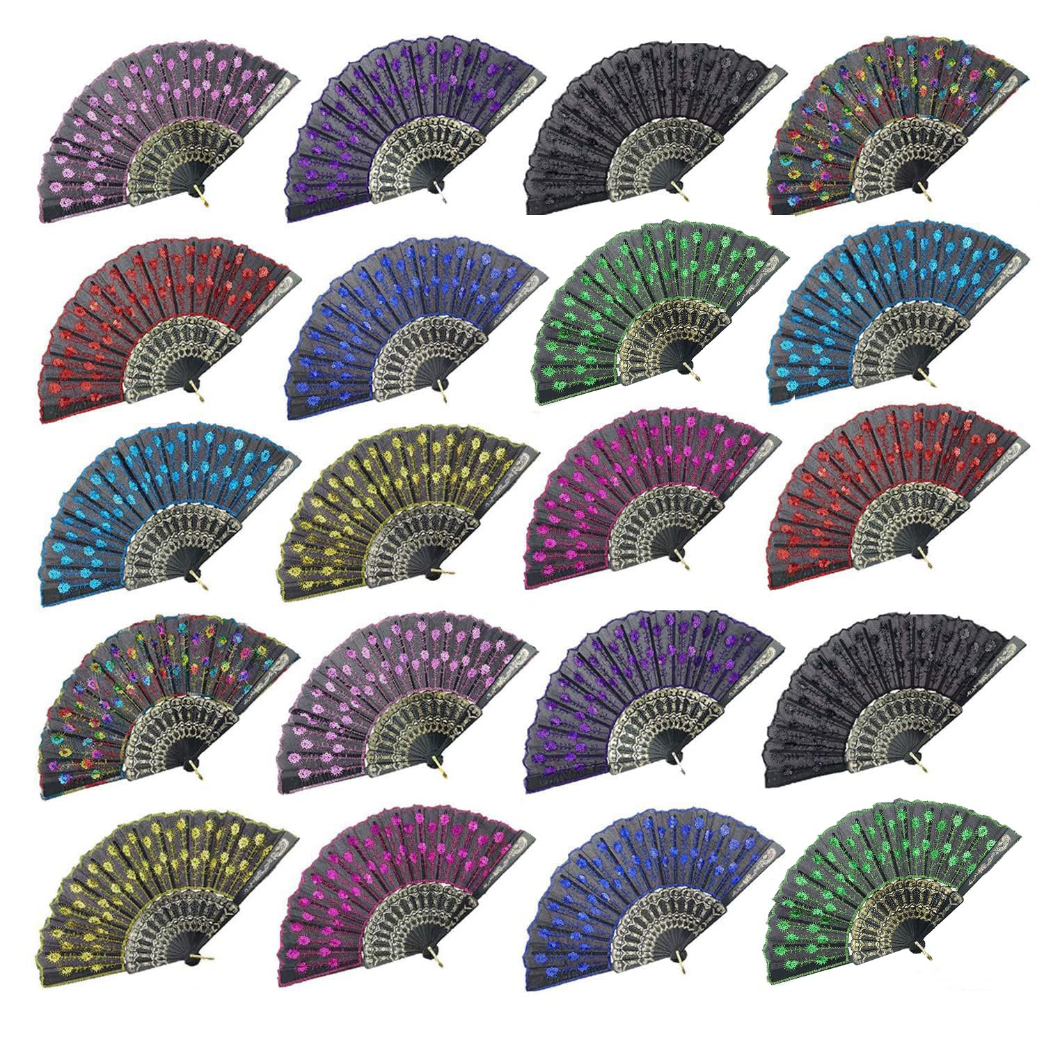 Photo 1 of INNOLIFE Elegant Colorful Embroidered Flower Peacock Pattern Sequin Fabric Folding Handheld Hand Fan Hand-crafted (Full Set - 20pcs Mixed Colors) and 16 carrying pouches