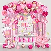 Pink Birthday Party Decorations for Women Girls, Foil Confetti Rose Gold Hot Pink Balloons Happy Birthday Banner Fringe Curtains Butterfly Decor Circle Dots Tassels Pompoms Mothers Day Party Supplies