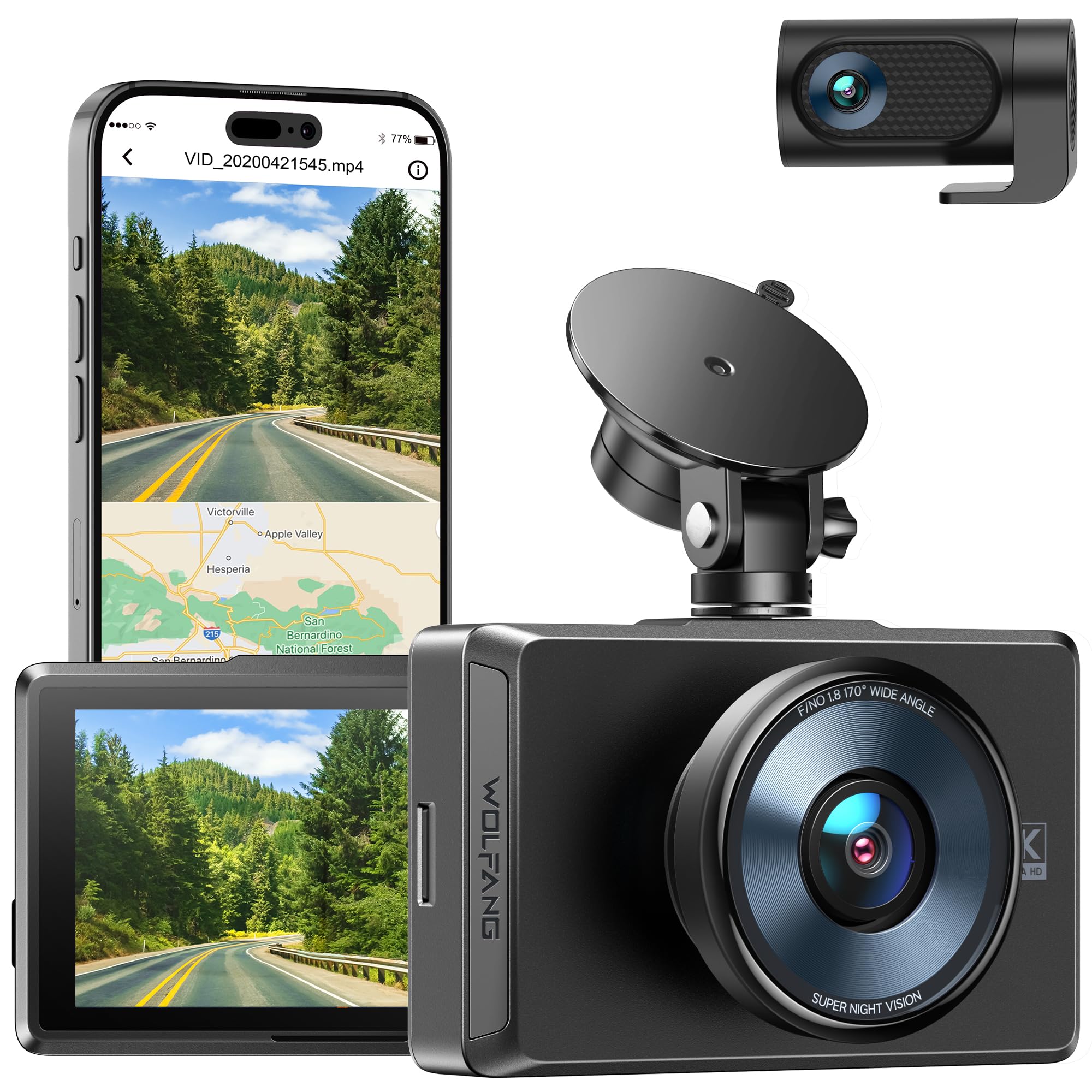 4K Dash Cam Front and Rear, WOLFANG Dashcam GPS WiFi, 3” IPS Touch screen, Night Vision, WDR, 24H Parking Mode, 170°Wide Angle, G-Sensor, Motion Detection, Loop Recording