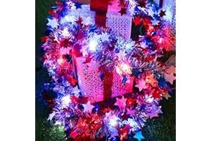 YAOZHOU 4th of July Patriotic Decorations, Red White and Blue Star Garland with 20Led Copper Fairy Lights, 2PACK Each 6.6Ft Tinsel Garland National Independence Day Decor Party Home Indoor