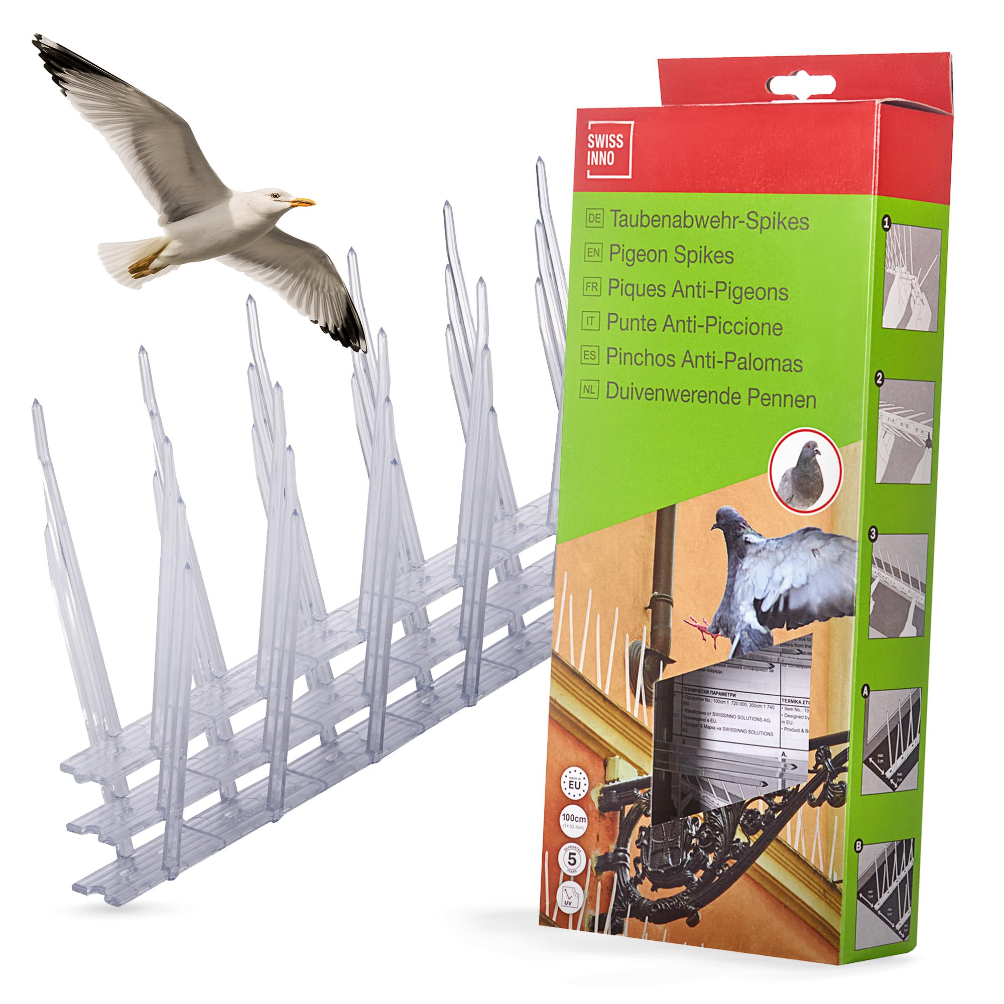 SWISSINNO Pigeon Spikes 100 cm (3x33,3cm) – transparent polycarbonate bird spikes – divisible – easy installation – UV- & weather-resistant – Anti-Pigeon Barrier for window ledge, balcony, roof gutter