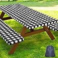 Smiry Picnic Table Cover with Bench Covers, Waterproof Elastic Fitted Tablecloths for 8 Foot Rectangle Tables, Washable Buffalo Plaid Tablecloth for Camping, Outdoor (Black & White, 30"x96")