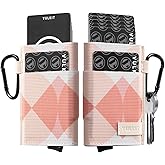 VULKIT Slim Wallet for Men and Women, Pop up Credit Card holder Metal Case RFID Blocking with Keychain and Elastic Pocket (Rhombic Pink)