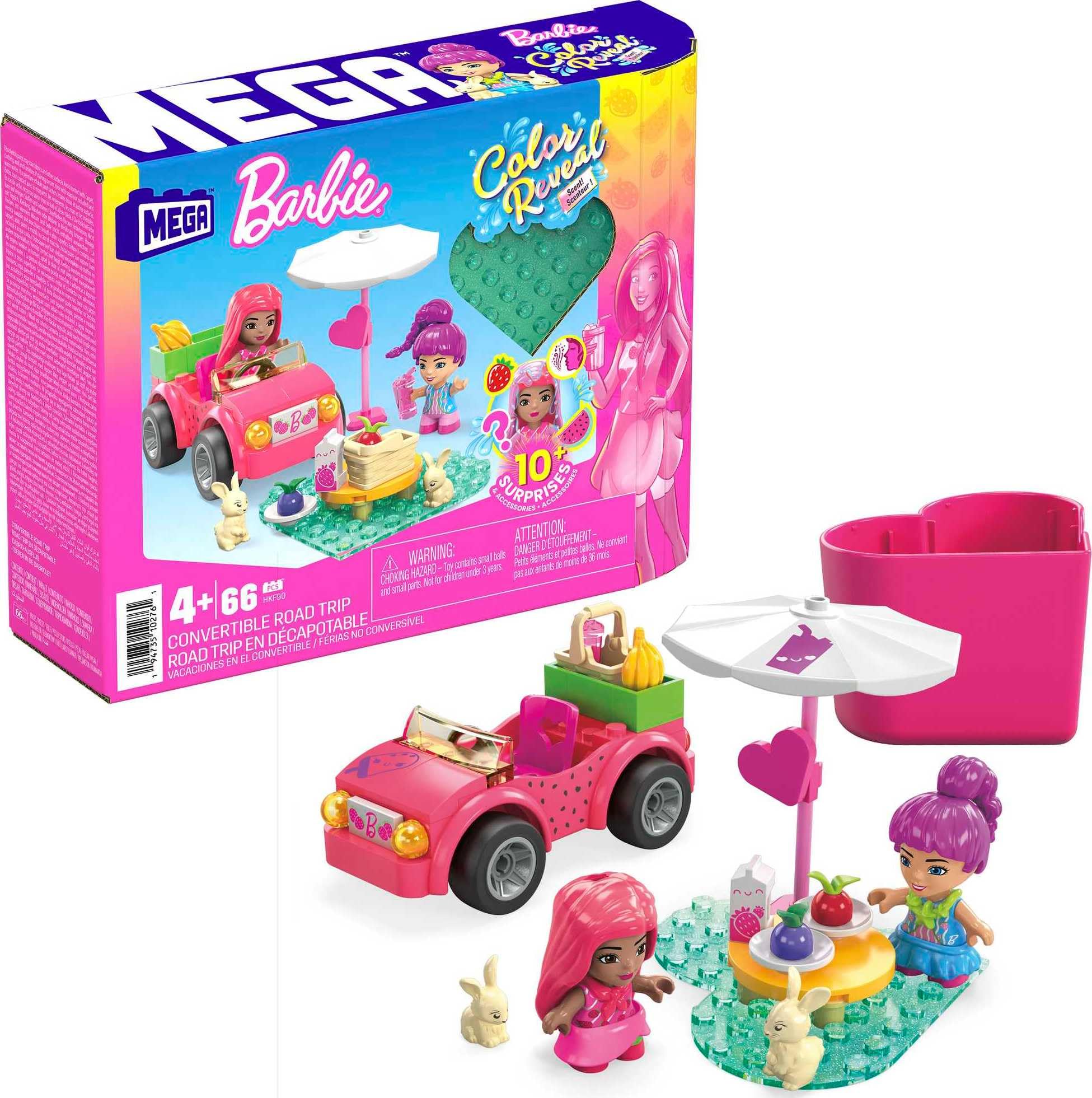 MEGA WONDER BUILDERS ​MEGA Barbie Color Reveal Building Toys, Convertible Road Trip with 2 Barbie Micro-Dolls, Accessories, 2 Pets, Color Change and 10 Surprises, HKF90