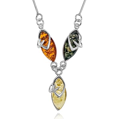 Copal Damen Kette Bernstein Echt Silber Tropfen-Anhänger Y-Kette Mehrfarbig Längen-verstellbar Geschenkbox Geschenk Beste Fre