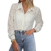 Angashion Women Dressy Casual Tops Long Sleeve Lace Button Up Shirts V Neck Trendy Tunic Loose Blouses