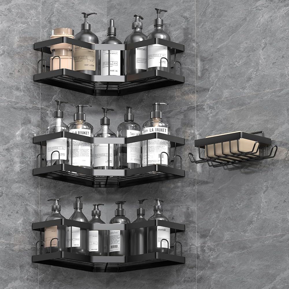 AceMining Shower Caddy 4 Pack Black Adhesive No Drilling Rust Resistant