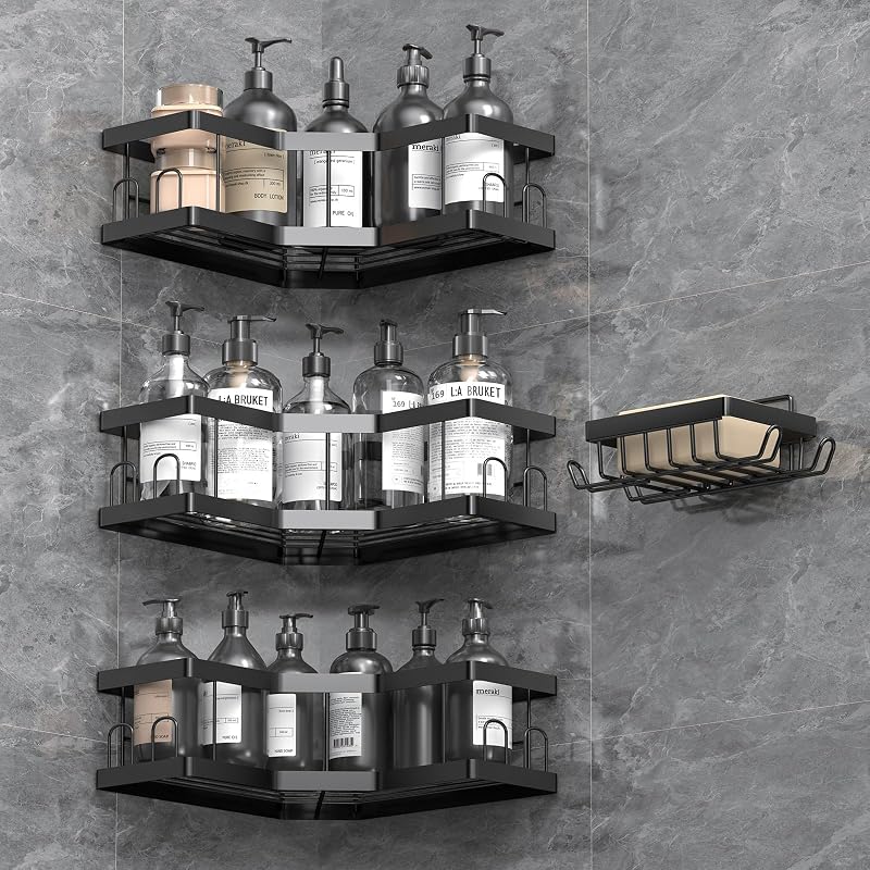 AceMining Shower Caddy 4 Pack Black Adhesive No Drilling Rust Resistant