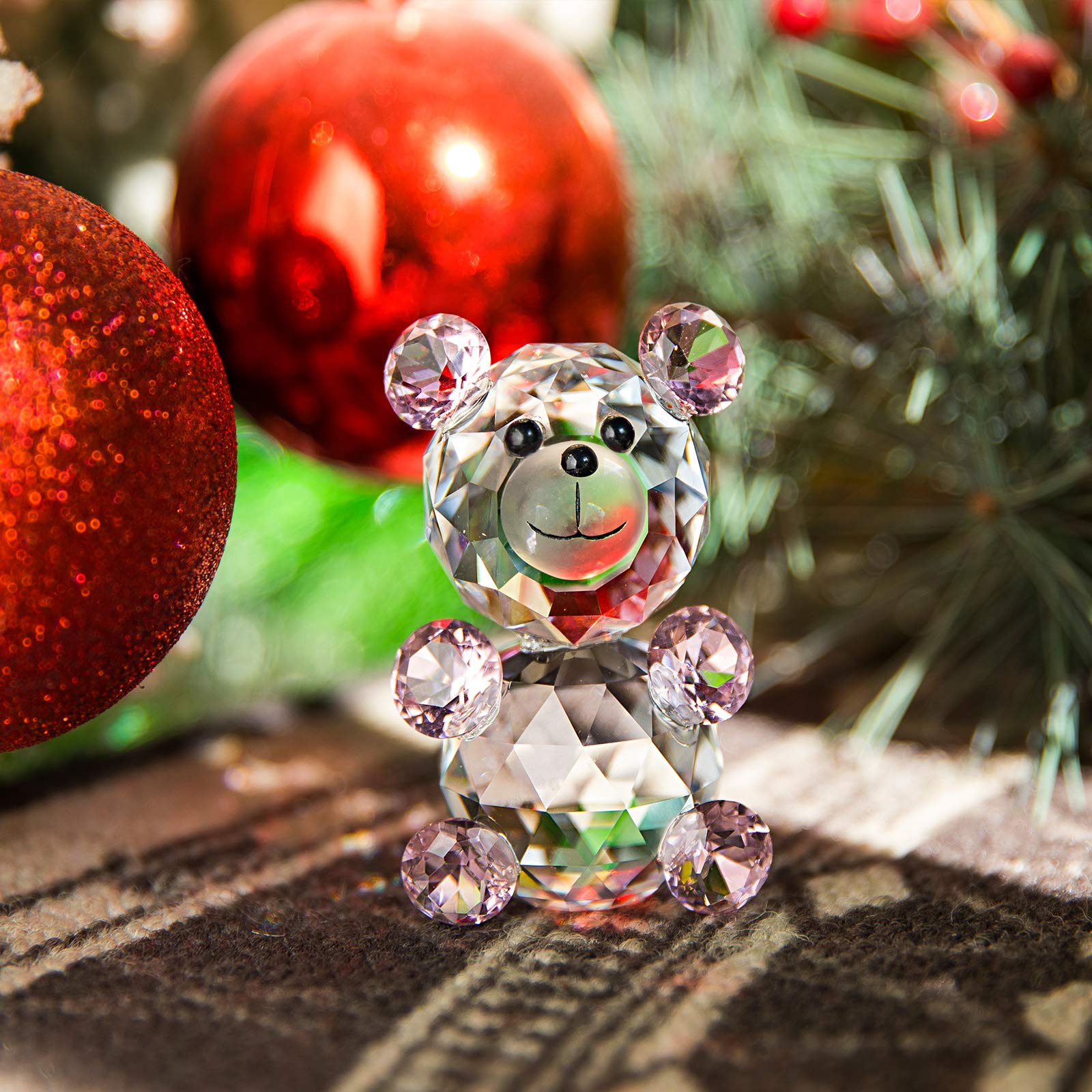 H&D HYALINE & DORA Crystal Bear Figurine,Glass Animal Paperweight Table Centerpiece Gifts for Good Luck (Pink Bear)