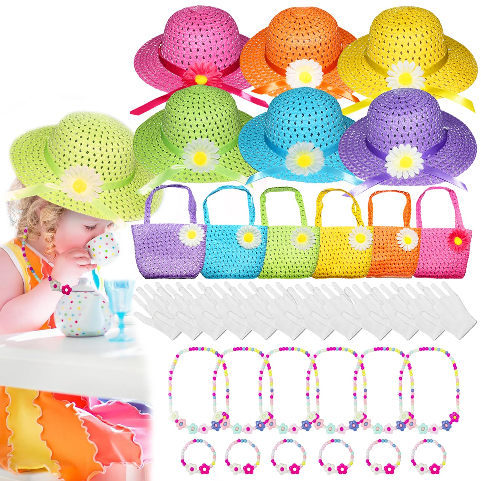 Photo 1 of Vegove 6 Sets Girls Tea Party Straw Sun Hats with Handbags, Gloves & Kits - Country Girl Dress Up Easter Princess Costume Accessories, Birthday Supplies
