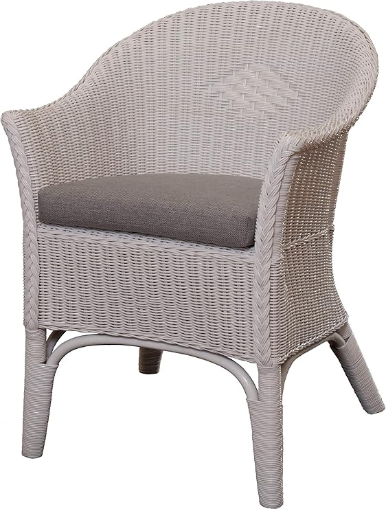 Rattan Armchair Natural in Colour White, Including Grey Seat Cushion