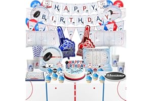 124 Pcs Hockey Birthday Decorations - Ice Hockey Party Supplies Set Including Plates, Tablecloth, Napkins, Tableware, Balloon