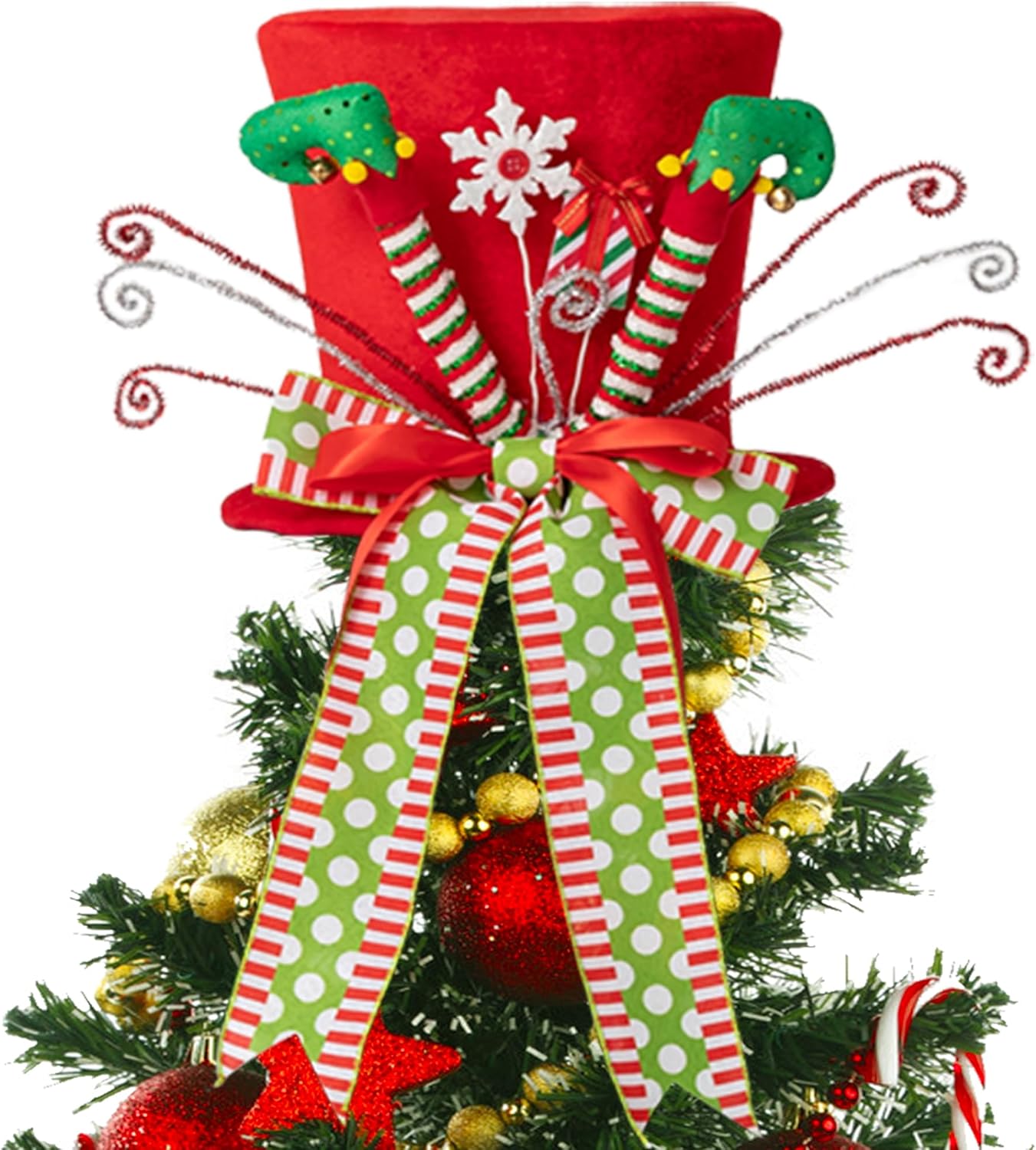 Tree Toppers - Christmas Tree Topper Hat, Elf Legs Tree Topper, Tree Topper Christmas Decorations with Bow Ribbon Christmas Tree Ornaments for Home Decor Xmas Gift