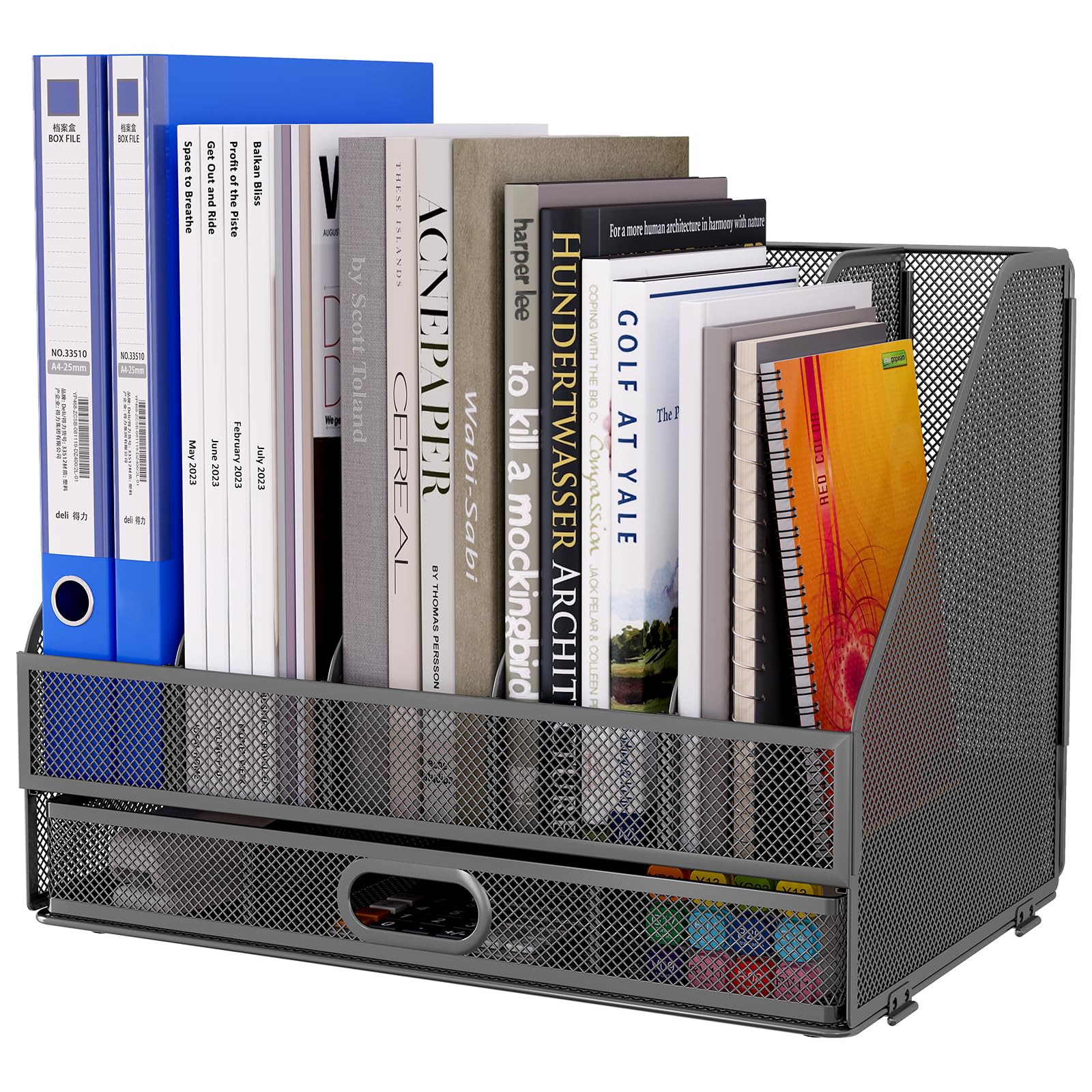 EasyPAG Desktop Metal A4 Magazine File Holder Mesh Desk Tidy Office Literature Document Ring Binder Paper Organiser Filing Rack with Drawer,5 Compartments,Silver