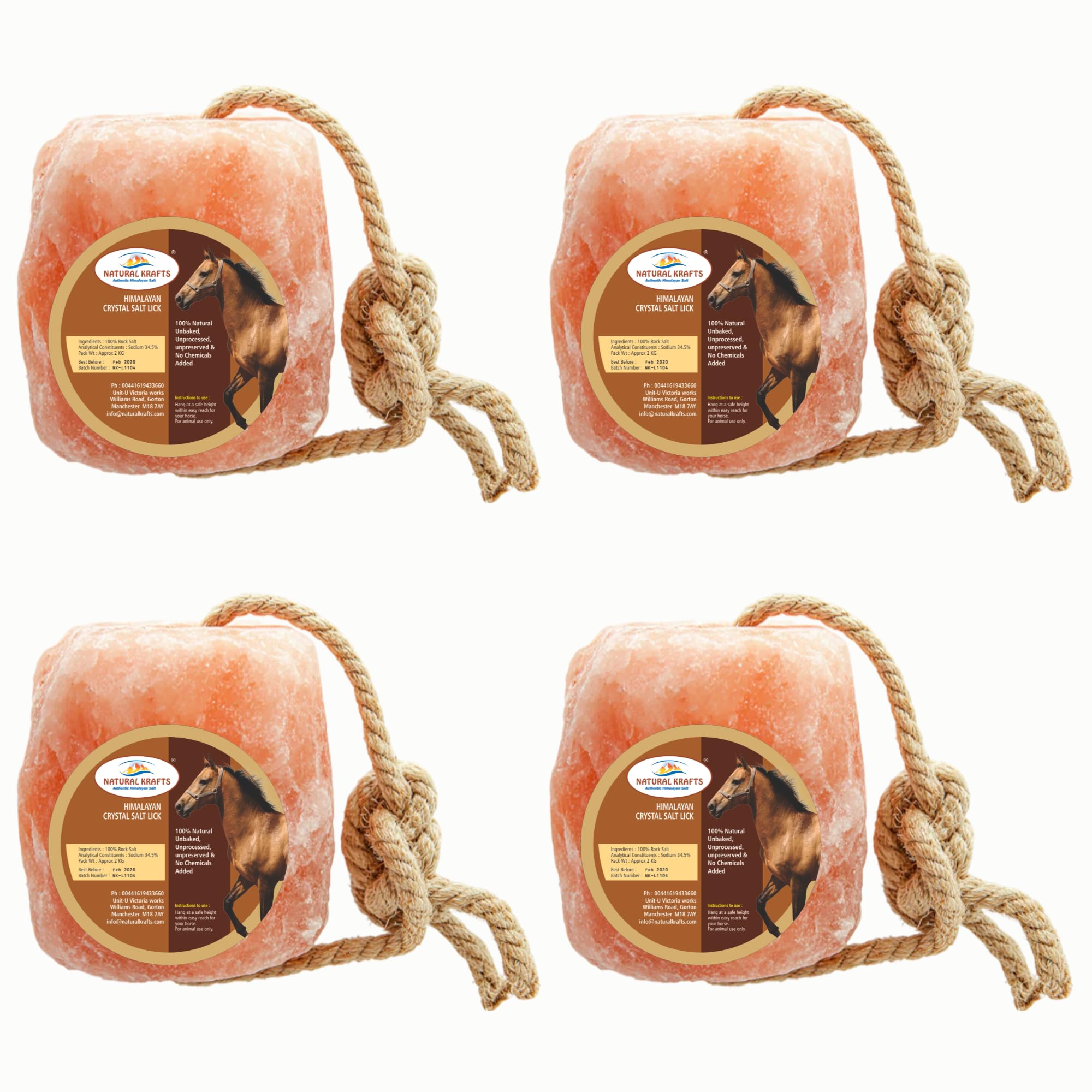 4 x HIMALAYAN SALT LICK | LICKSTONE | FOR HORSES,CATTLE,COW,SHEEP, MINERAL,EQUINE USE ONLY WITH HANGING ROPE | 2-2.5KG Approx By Natural Krafts ® from Punjab, Pakistan