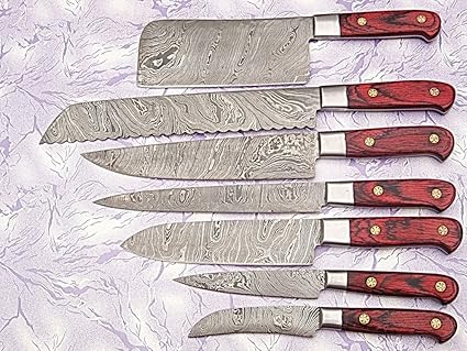 Amazon Com Custom Made Damascus Steel Kitchen Chef Knife Set 7 Pcs With Chopper A E 81 7c Red Kitchen Dining