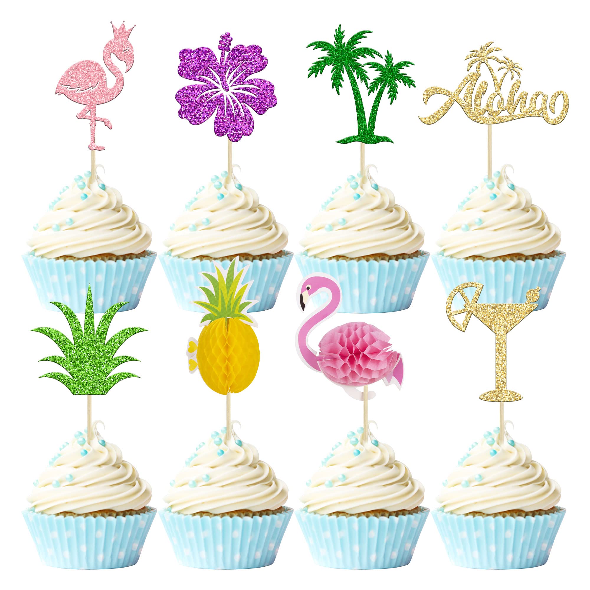 Gyufise 32Pcs Tropical Cupcake Toppers Aloha Cupcake Picks Flamingo Cake Toppers Hawaiian Luau Cake Decorations for Aloha Baby Shower Tropical Wedding Party Decor