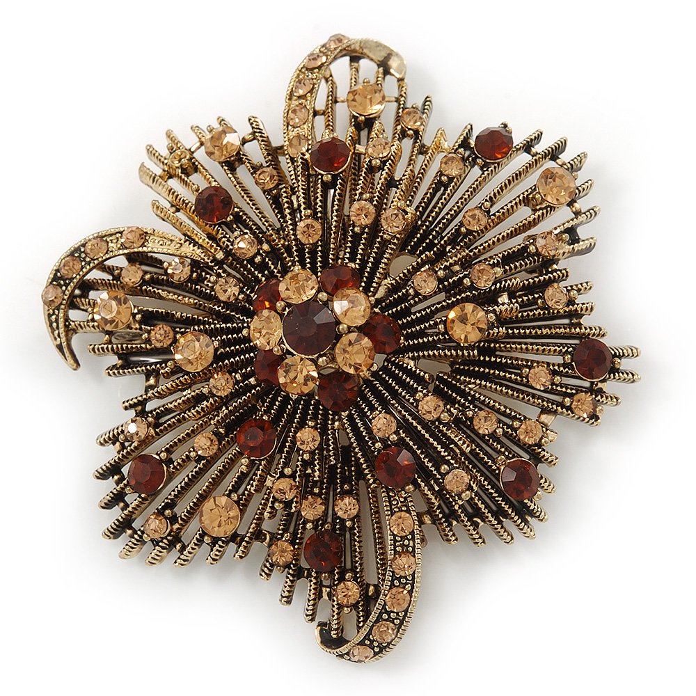 Vintage Asymmetrical Crystal Flower Brooch/Pendant (Bronze Tone)