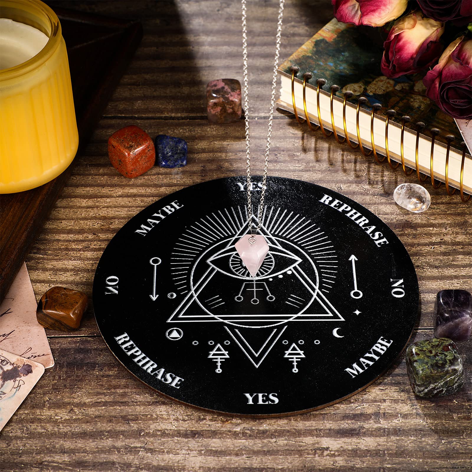 Jetec Wooden Pendulum Board Dowsing Divination Pendulum Witchcraft Altar Supplies with Crystal Necklace and Metaphysical Message Board Kit, 3.9 Inch(Black)