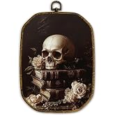 Yjeslw Vintage Gothic Skull Floral Book Octagon Wall Art Decor, Dark Academia Bookish Framed Canvas Prints, Book Club Wall Hanging Decorations for Reading Room Home Library Decor, 10.2x7 Inches