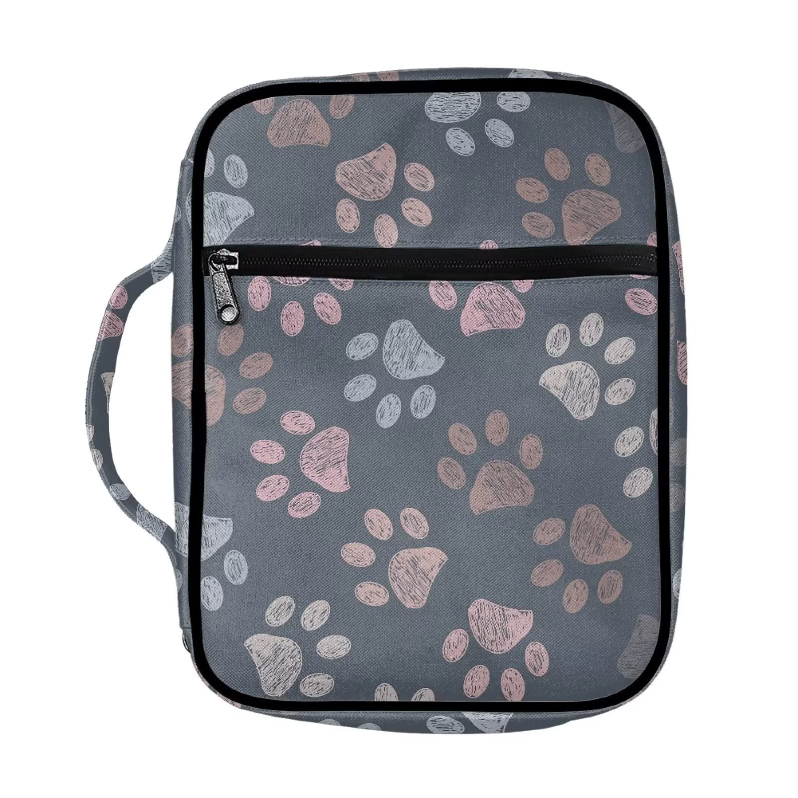 ZIATUBLES Polyester Dog Paw Print Bible Cover Carrying Book Case Church Bag Bible Protective Handbag with Handle and Zippered Carrying Briefcase Bag for Work