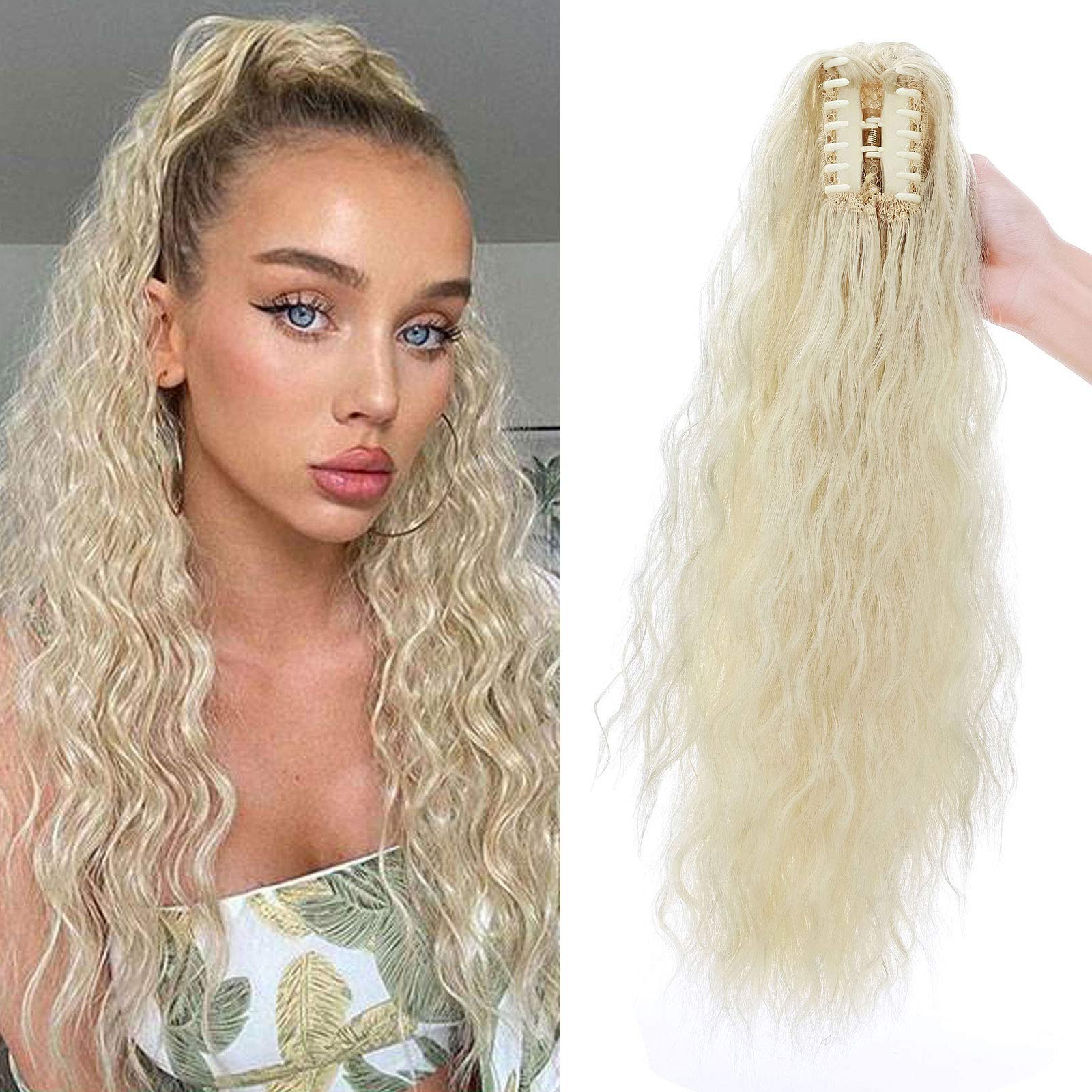 Real Fashion Corn Wavy Ponytail Extension Claw Clip 24" Long Wavy Curly Hair Extensions Jaw Clip Ponytail Hairpiece Pony Tail Bleach Blonde