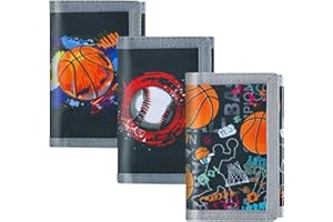 sundee RFID Blocking Wallet,3 Packs Kids Wallet Bulk,Mini Trifold Coin Purse Cartoon Wallet,Front Pocket Wallet with Zipper for Kids,Canvas Outdoor Sports Wallets with Magic Sticker - Black Ball