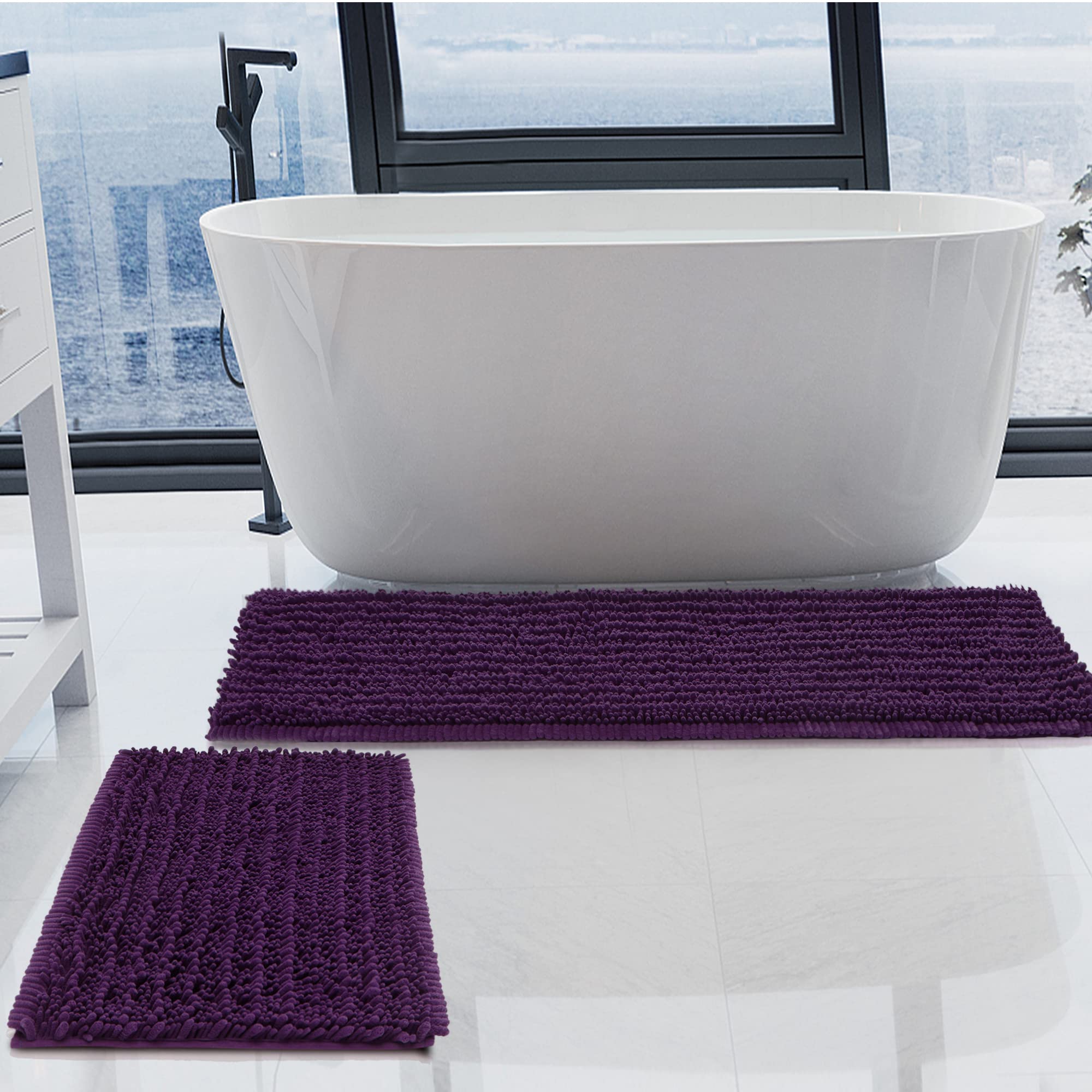 Photo 1 of H.VERONNEX Luxury Chenille Plum Bathroom Rugs Sets 2 Piece, Thickened Hot Melt Rubber Bottom Bath Mats for Bathroom Non Slip,Bath Rugs Quick Dry Machine Washable for Shower Mat (47"x17"+17"x24")