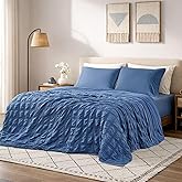 Cozy Bliss Cooling Comforter Seersucker Plaid Queen Size, Q-Max 0.45 Lightweight Cooling Blanket, Breathable Silk Smooth Summer Bedding Quilt for Hot Sleepers Night Sweats Denim Blue