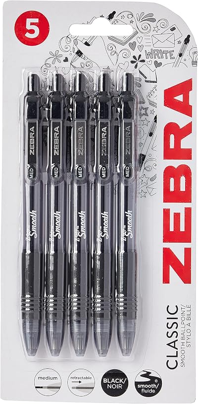 Zebra Pen Z Grip Black Ballpoint Retractable 1.0mm 5 Count Pack
