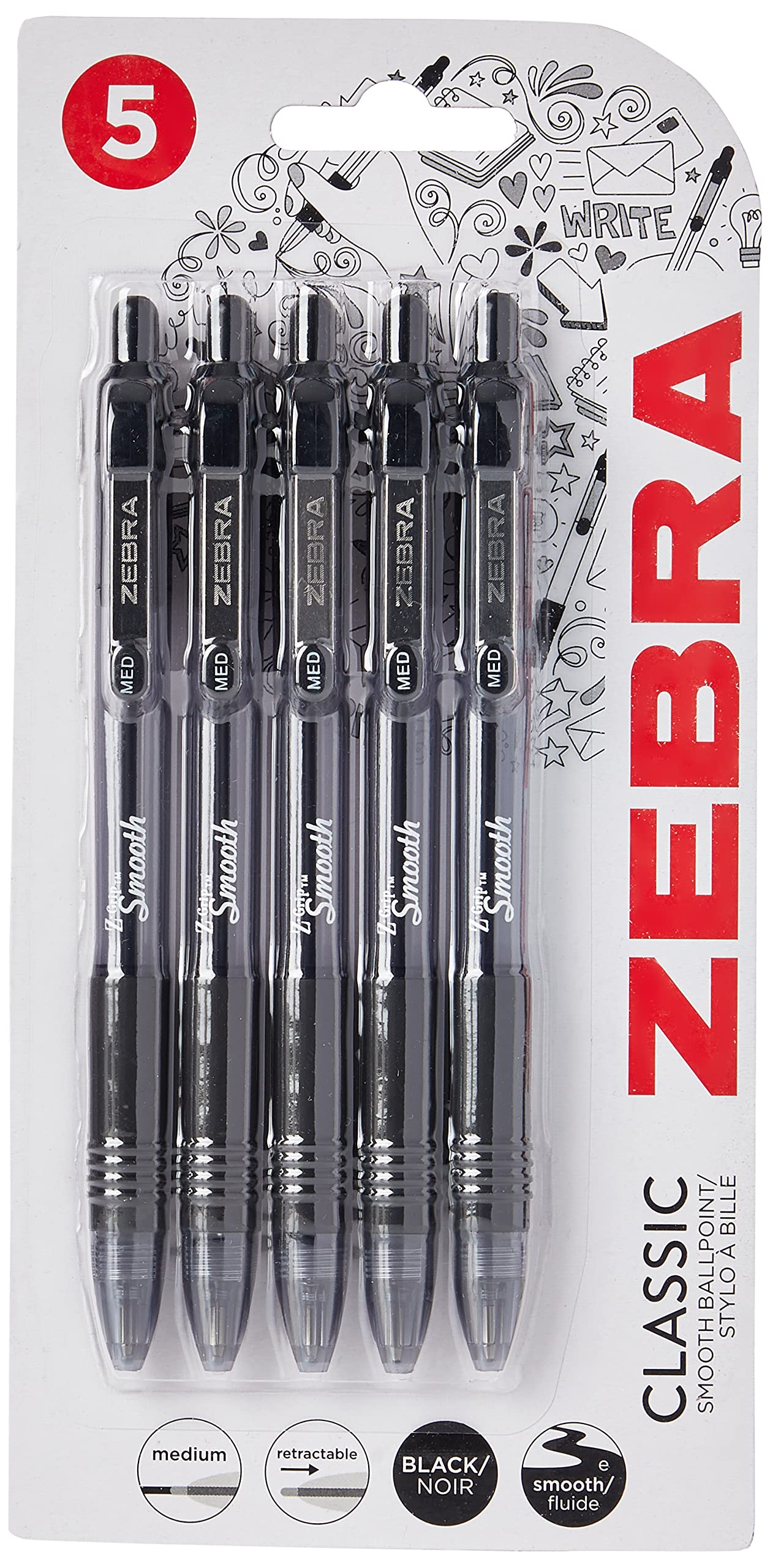 Zebra Pen Z Grip Black Ballpoint, Smooth & Comfortable Pens With Pocket Clip, Retractable Ballpoint, Reliable Black Biro Pens Multipack For Everyday Use - Black Ink, Medium Point
