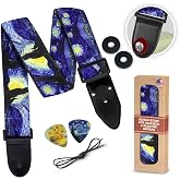 Art Tribute Guitar Strap For Acoustic, Electric and Bass Guitars, Adjustable Padded Leather Ends Guitar Straps For Men and Women, Includes 2 Picks, Strap Locks and Strap Button, Starry Night