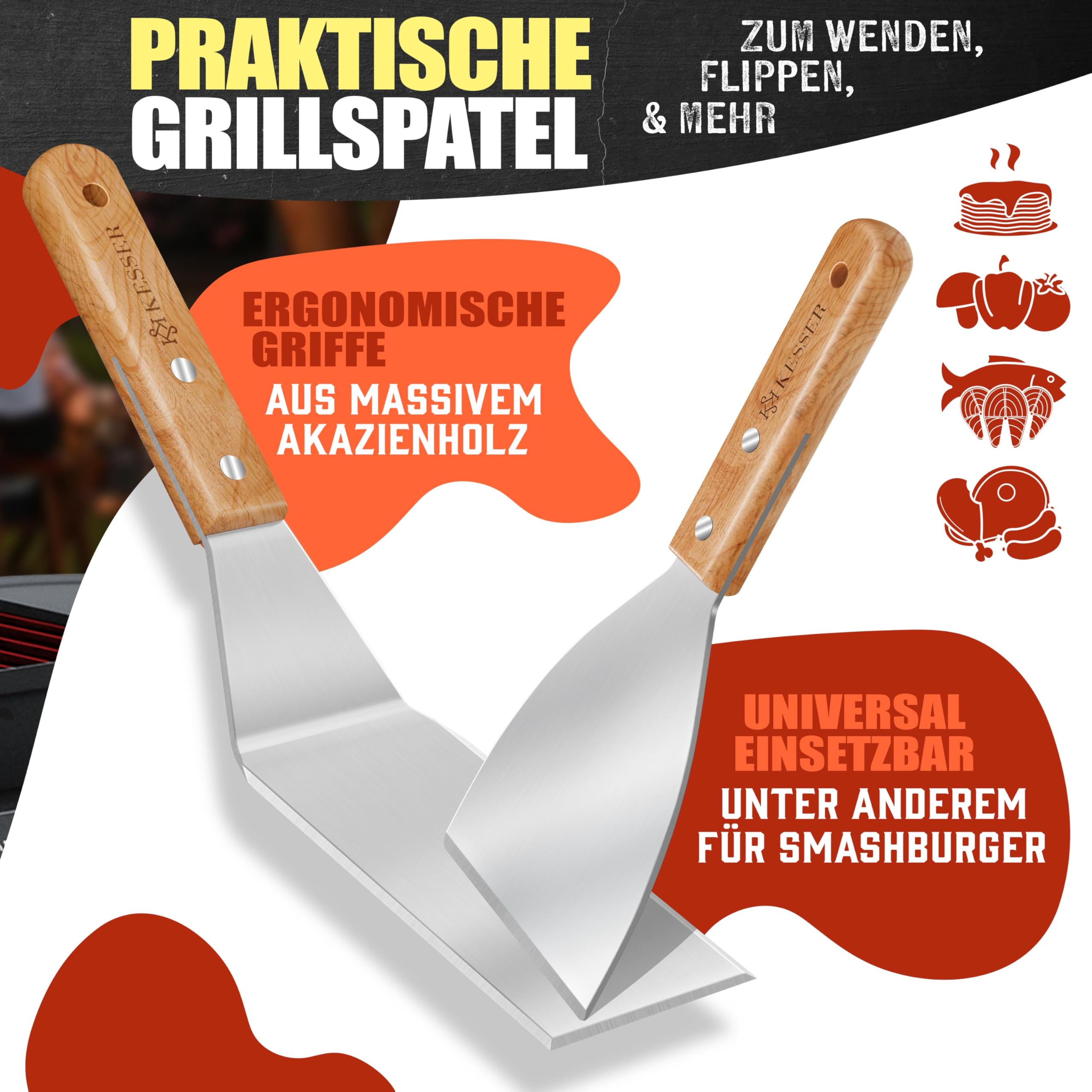 KESSER® Grillplatte Plancha aus Edelstahl 40x30cm rostfrei mit Fettablauf, hitzebeständig bis 800°C & Spülmaschinenfest für Gas & Holzkohlegrill inkl. 2 Spatel, Grillschürze, Grillmatte & Rezeptbuch 6