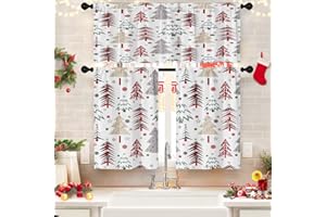 Britown Christmas Trees Kitchen Curtains Merry Christmas Forest Winter Window Curtains Valance and Tier Set 36 Inch Rod Pocket Short Tier Curtain for Room Kitchen Decor