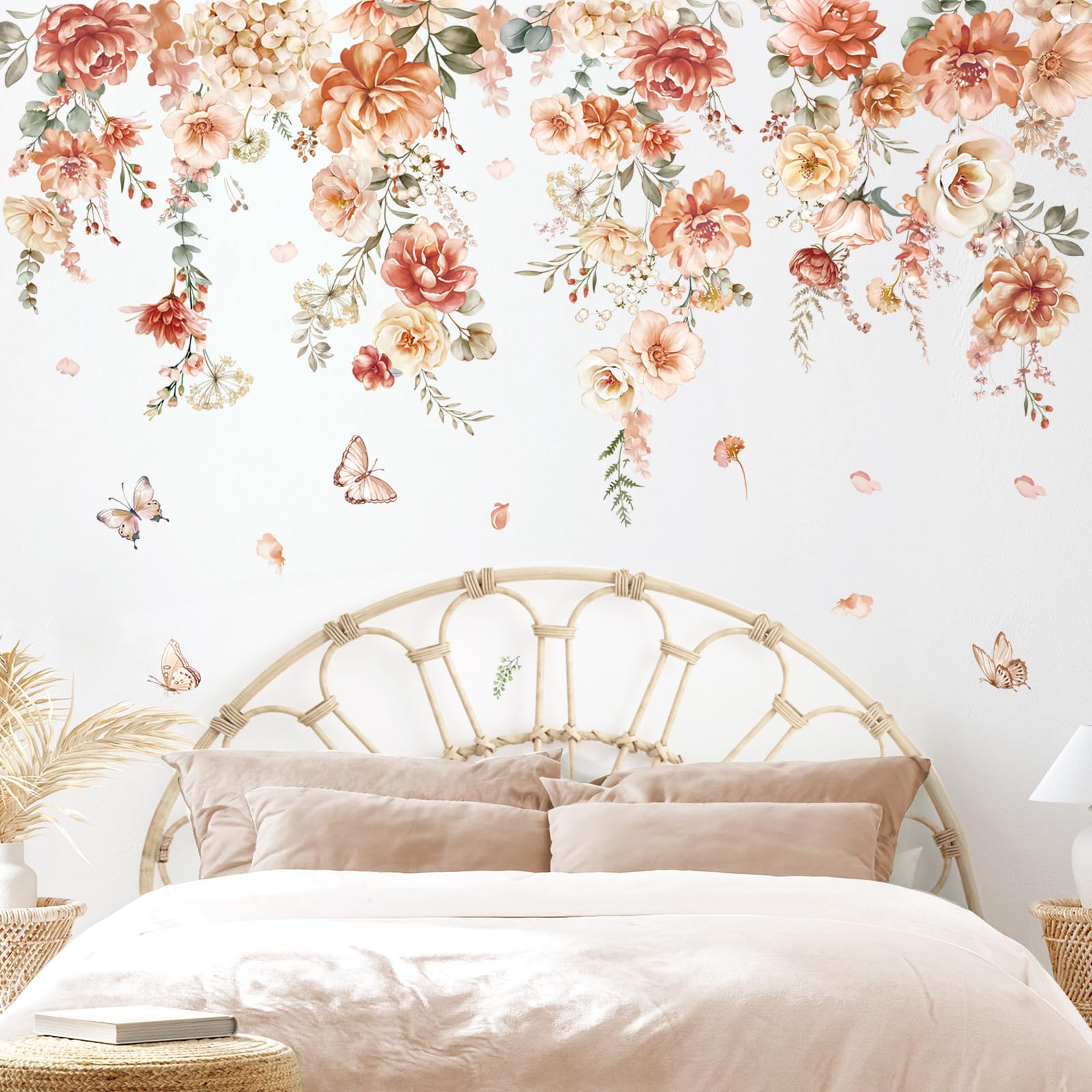 decalmile Large Boho Flower Wall Decals Hanging Vine Floral Leaves Wall Art Stickers Bedroom Living Room Sofa TV Background Wall Decor