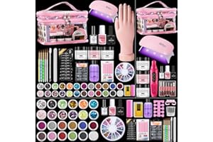WILFNIEE Nail Kit for Beginners with Everything: Practice Nail Hand Acrylic Set Professional Powder Liquid Starter Kits with Drill U/V Lamp in Cosmetic Gift Bag for Salon Home (Pink)