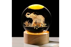 ENJINKAIL Elephants Gifts for Women Men 3D Elephant Crystal Ball with Wooden Light Base Glass Elephant Figurines Decor for Elephants Lovers on Christmas Valentine's Day Birthday (Diameter 2.36 inches)