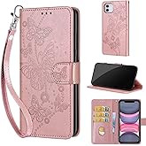 KENHONER Designed for iPhone 11 Case Wallet,Women Flip Folio Cover with Embossed PU Leather Stand Credit Card Holders Slots Wrist Strap Phone Case for iPhone 11 6.1 Inch (Rose Gold Butterfly)