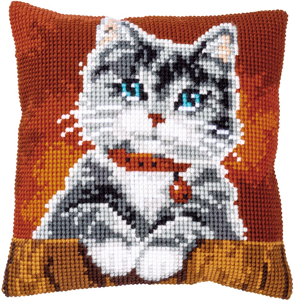 Vervaco Cross Stitch Embroidery Kits Cushion Embroidery Set Beginners Pre-Printed Cat with Collar DIY Set Creative Set for Adults 40 x 40 cm Craft Kit Craftsman Home Decoration — image 1