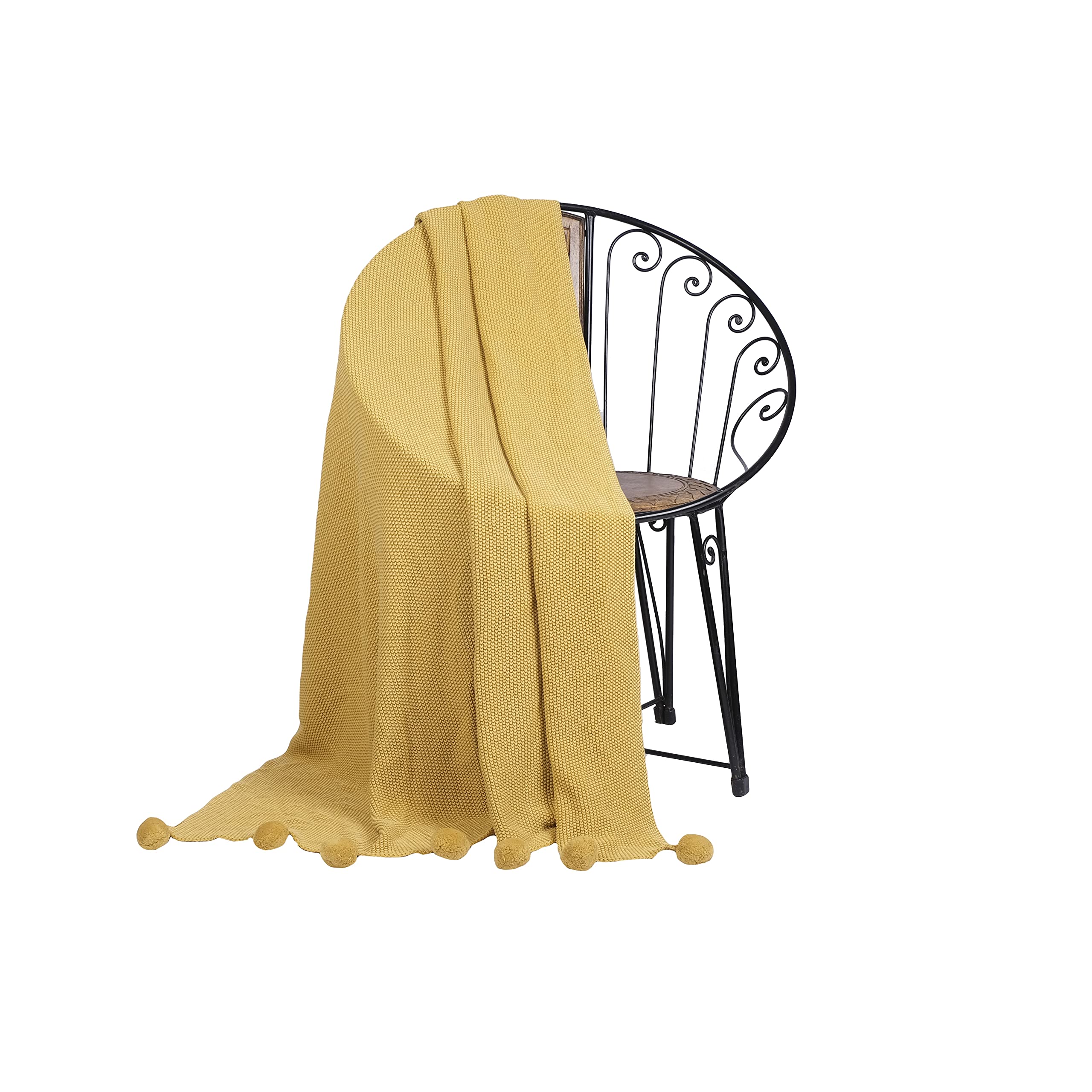 Penguin Home Knitted Throw Blanket with Pom Poms 100% Cotton - Versatile Soft Warm Blanket Fluffy Throws for Sofa Couch Single Size - 130x150 cm - Ochre Colour