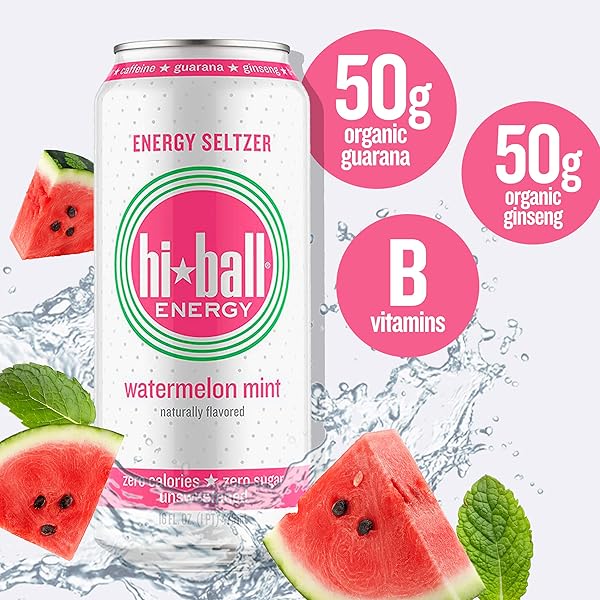 HIBALL CLEAN ENERGY DRINK – WATERMELON MINT – ZERO SUGAR, ZERO CALORIE SPARKLING WATER WITH 160MG ORGANIC CAFFEINE, 50MG ORGANIC GINSENG, 50MG ORGANIC GUARANA AND B VITAMINS – 16 FL OZ (8-PACK)