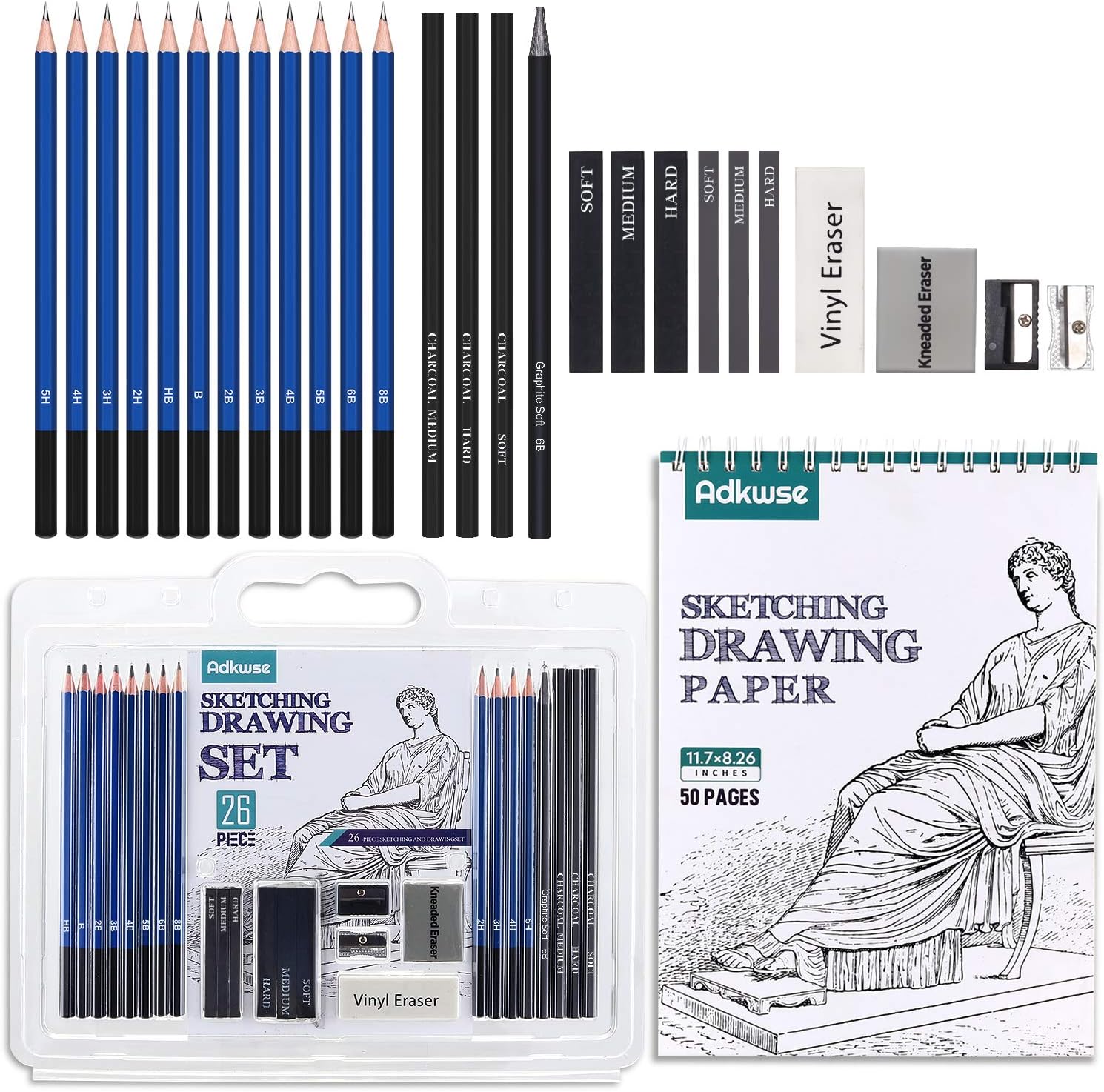 Adkwse Sketch Pencils Set, Art Supplies, Drawing Set, Graphite and Charcoal Pencils, 100 Page Drawing Pad and Kneaded Eraser, Art Kit and Supplies for Kids, Teens and Adults, Sketch Set : Office Products