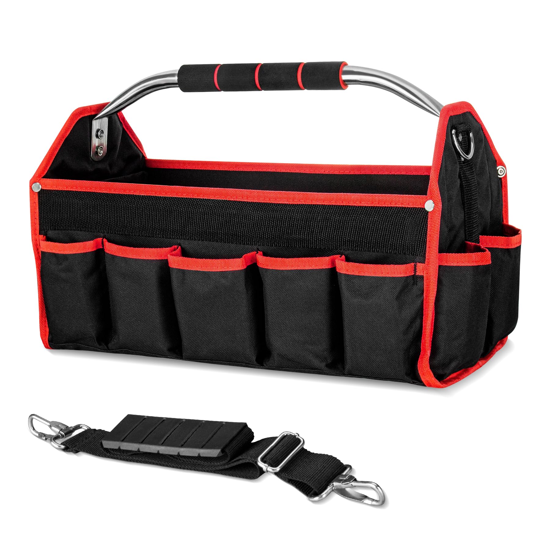 HAUTMEC 16 Pockets Wide Mouth Electrician Open Top Tool Tote Bag, 16 Inch One Shoulder Strap Heavy Duty Electrician Tool Carrier, with Center Tray, with Handle Tool Storage Bag, TB0002 — image 1