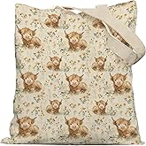 YeiHe Floral Highland Cow Tote Bag, Highland Cow Gifts for Women Canvas Tote Bags, Gifts for Cows Lovers, Rustic Cottagecore Flower Heifer Reusable Grocery Shopping Bags